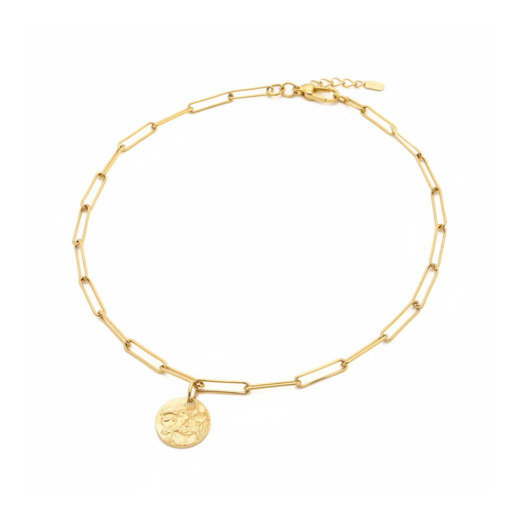 gold-chain-necklace-with-textured-pendant-side-angle Textured Medallion – Image 1