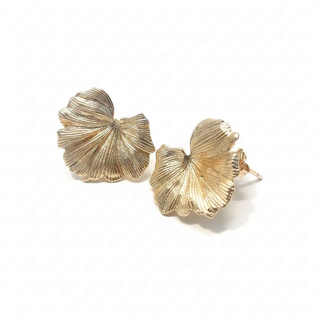 gold-earrings-from-different-angle Gold Flower Earrings - Textured Petal Design – Image 1