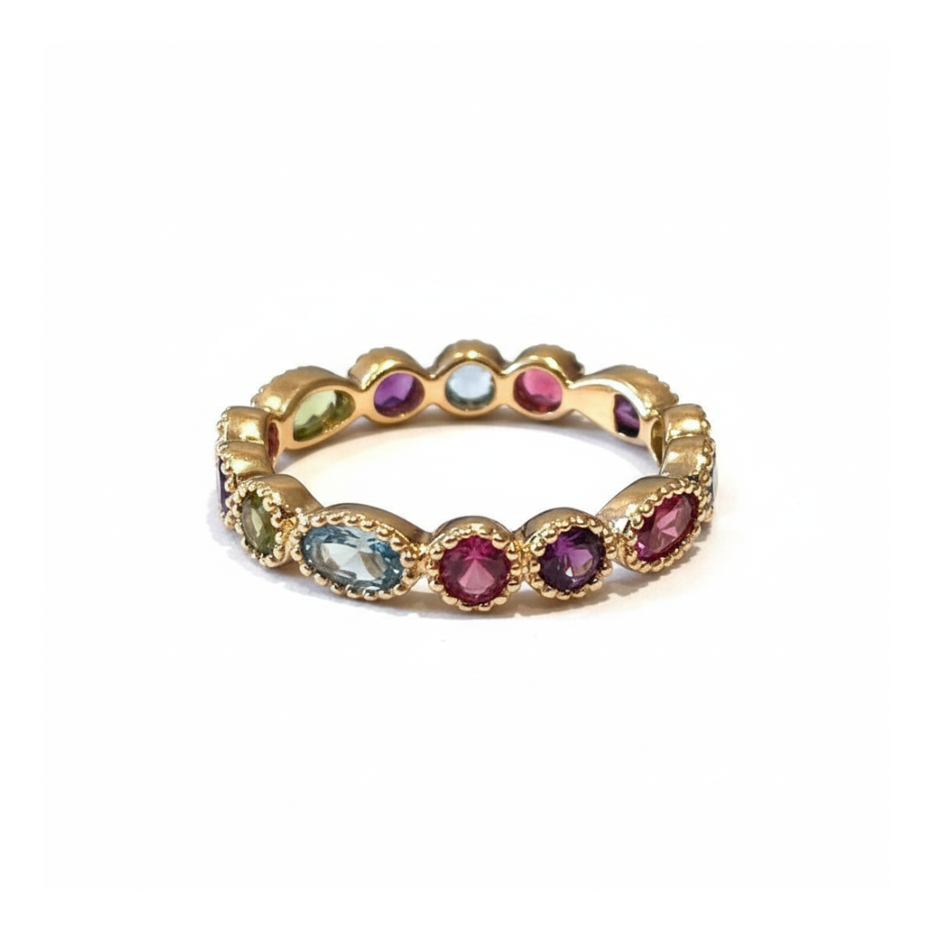 gold-multi-gemstone-eternity-band Gold Ring with Emerald Green Gemstone – Image 1