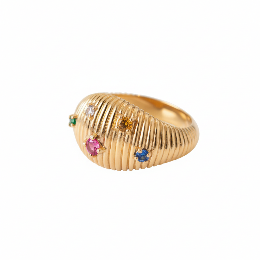 gold-ribbed-dome-ring-with-gemstones Gold Ring with Teardrop Crystal – Image 1