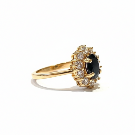 Gold Ring with Black Stone and Crystal Halo - Pure White Background