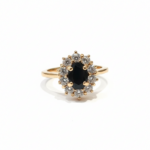 Gold Ring with Black Stone and Crystal Halo - Ultra Bright White Background