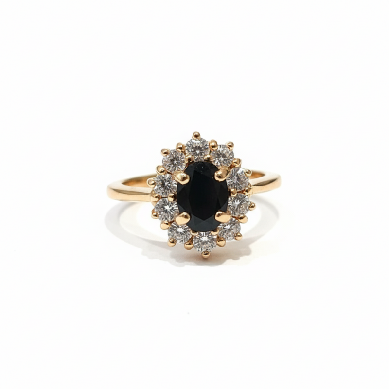 Gold Ring with Black Stone and Crystal Halo - Ultra Bright White Background