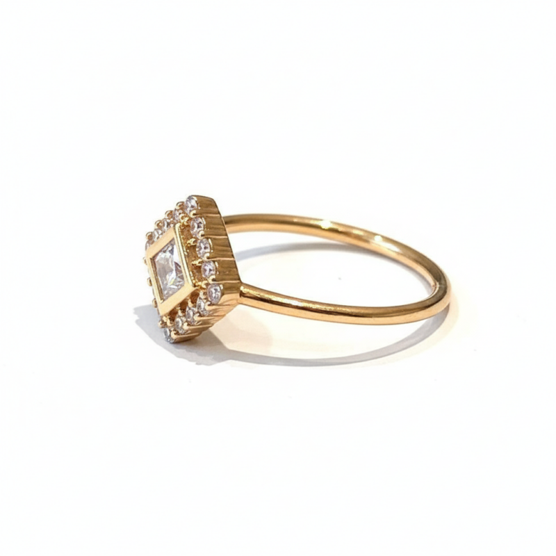 Gold Ring with Crystal Pavé Square Halo - Side Angle