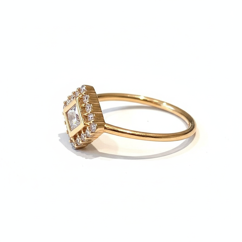 gold-ring-with-crystal-pav-square-halo-side-angle Gold Ring with Crystal Pavé Square Halo - Side Angle