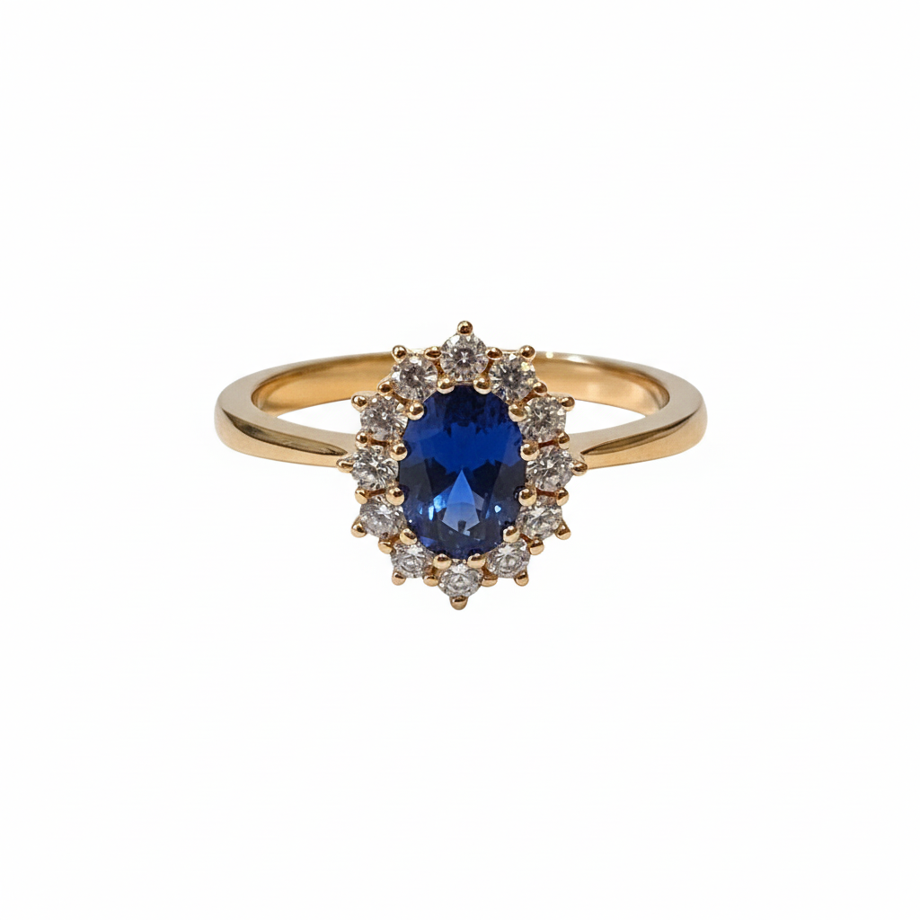 gold-sapphire-halo-ring Gold Sapphire Halo Ring – Image 1