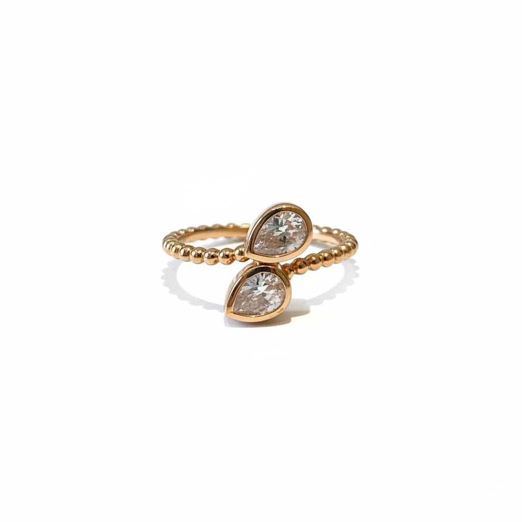 gold-teardrop-crystal-ring-no-shadows Gold Beaded Band Ring with Teardrop Crystals – Image 1