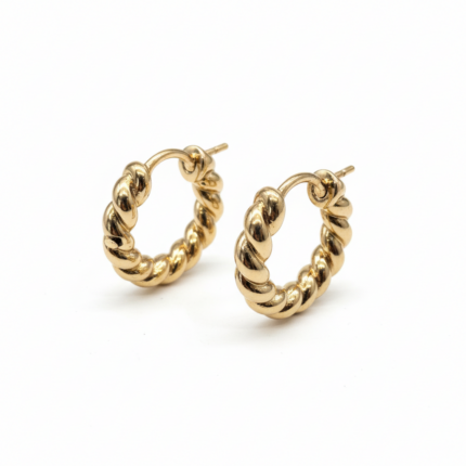 Gold twisted rope hoop earrings - angled view