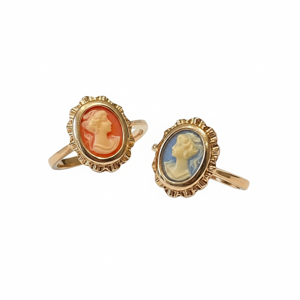 gold-vintage-cameo-rings Gold Vintage Cameo Ring - Coral & Blue – Image 1