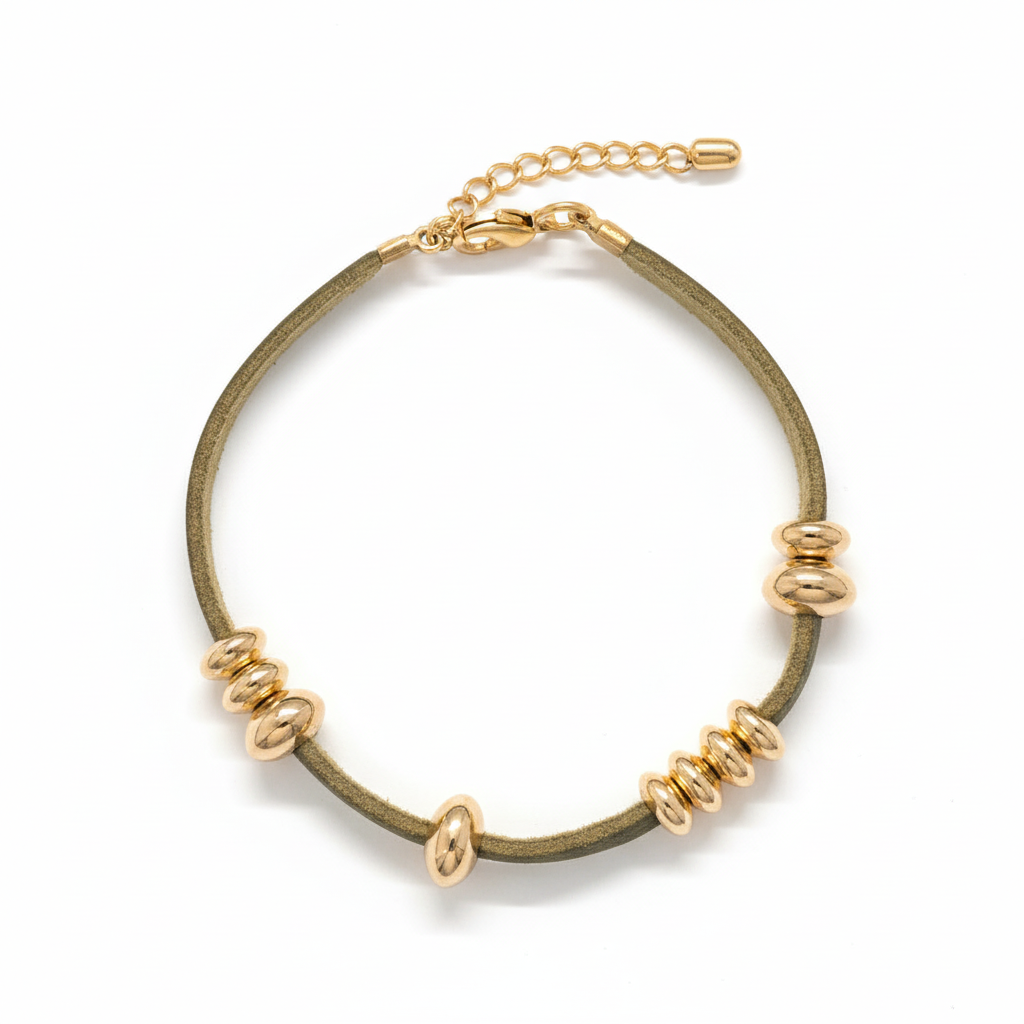image_64ccae20-5b0d-4fcf-a153-2746bc9537d3 Olive suede and gold charm bracelet with rondelle spacers on white background