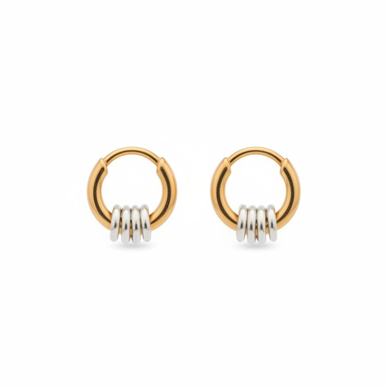 Gold & Silver Ribbed Knot Huggie Hoop Earrings on white background