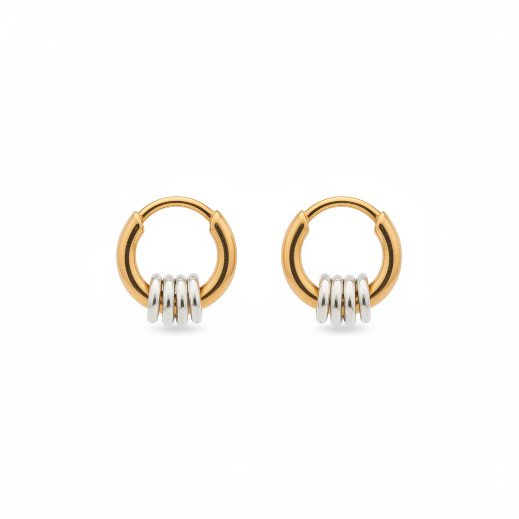 image_7c605154-47bc-4858-b1f9-a6c62b08e73a Gold & Silver Ribbed Knot Huggie Hoop Earrings on white background