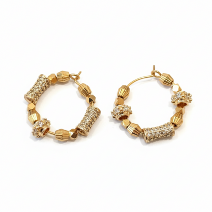 Gold Pavé & Crown Charm Hoop Earrings on white background