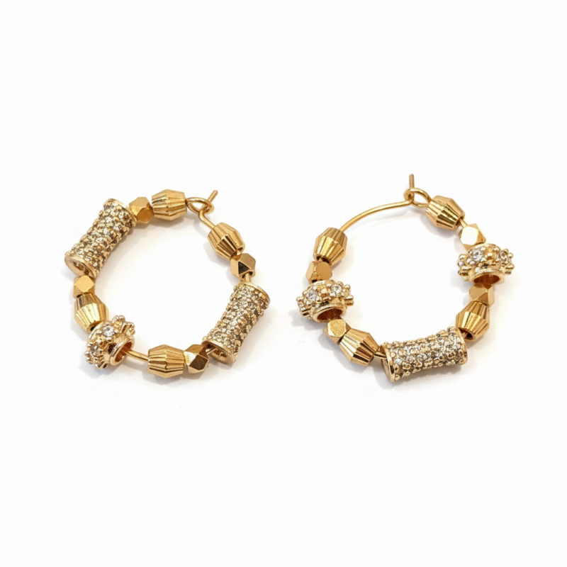Gold Pavé & Crown Charm Hoop Earrings on white background