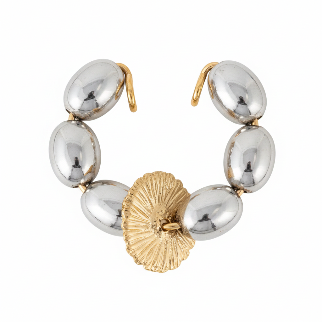 image_a81a7adb-52d6-46ae-b1a9-27ed468a390f Silver Ball & Gold Flower Ear Cuff on white background