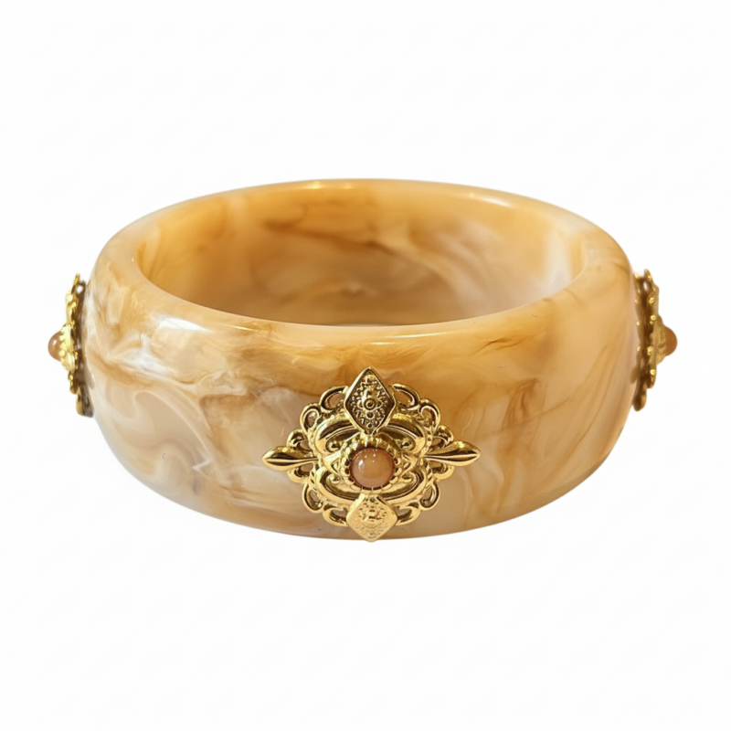 Marbled Resin & Gold Filigree Bangle on white background