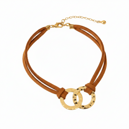 Tan Suede & Hammered Gold Ring Bracelet on white background