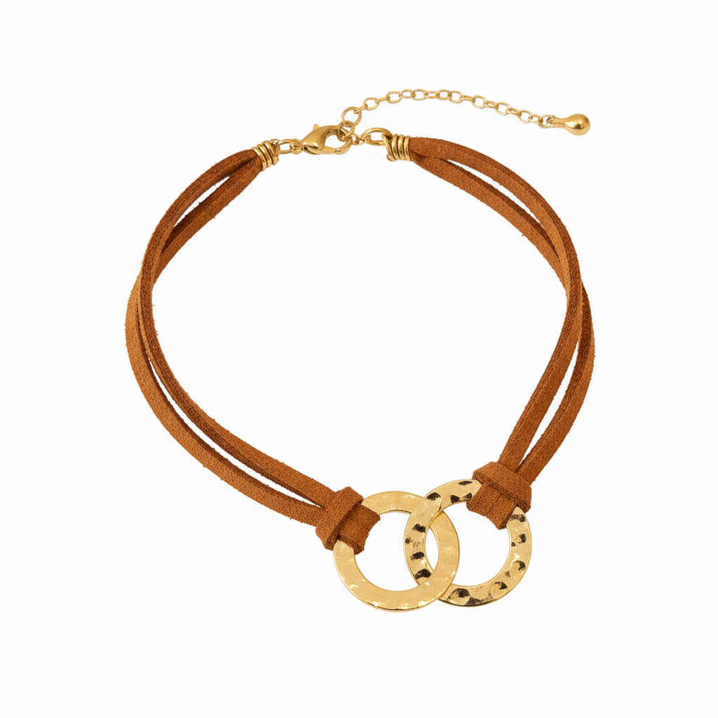 image_ee2ff486-cd90-453c-940d-3a60482bb092 Tan Suede & Hammered Gold Ring Bracelet on white background