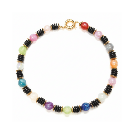 Multicolor gemstone and black onyx beaded necklace with gold-tone spacers and spring ring clasp