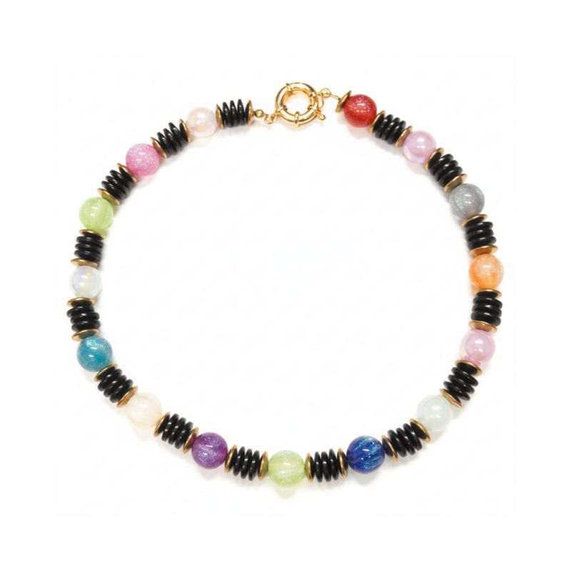 Multicolor gemstone and black onyx beaded necklace with gold-tone spacers and spring ring clasp