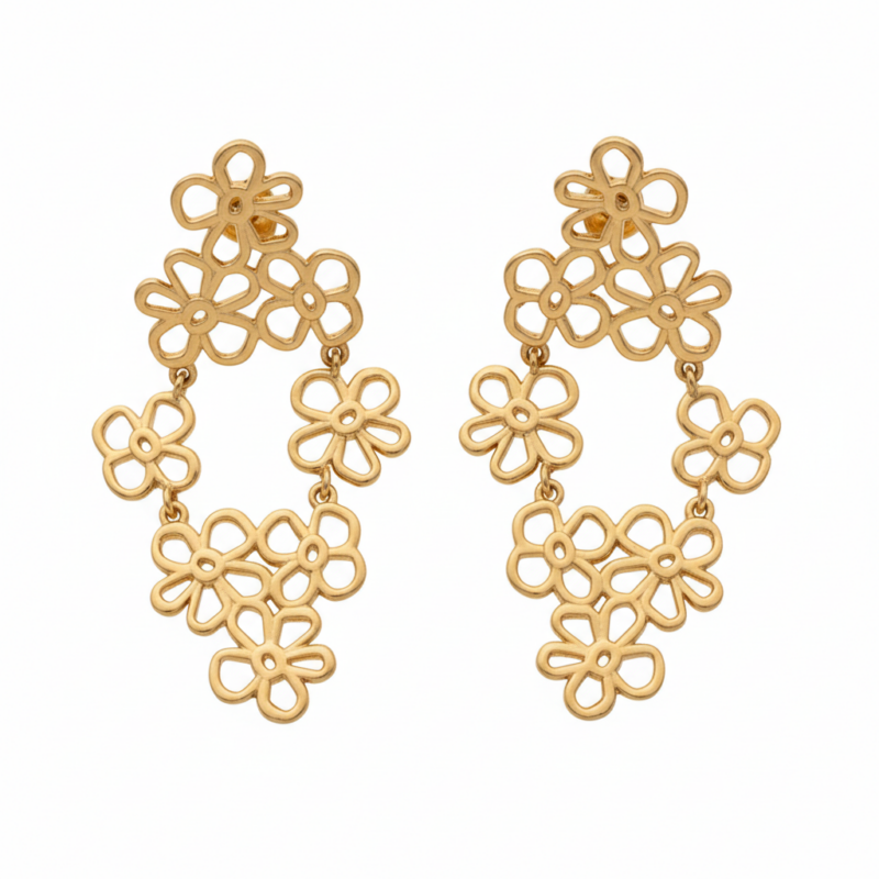 Cascading Floral Drop Earrings in gold tone on white background