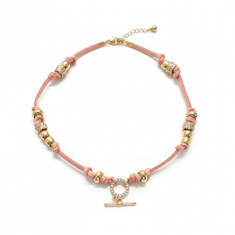 Pink Suede & Gold Charm Necklace