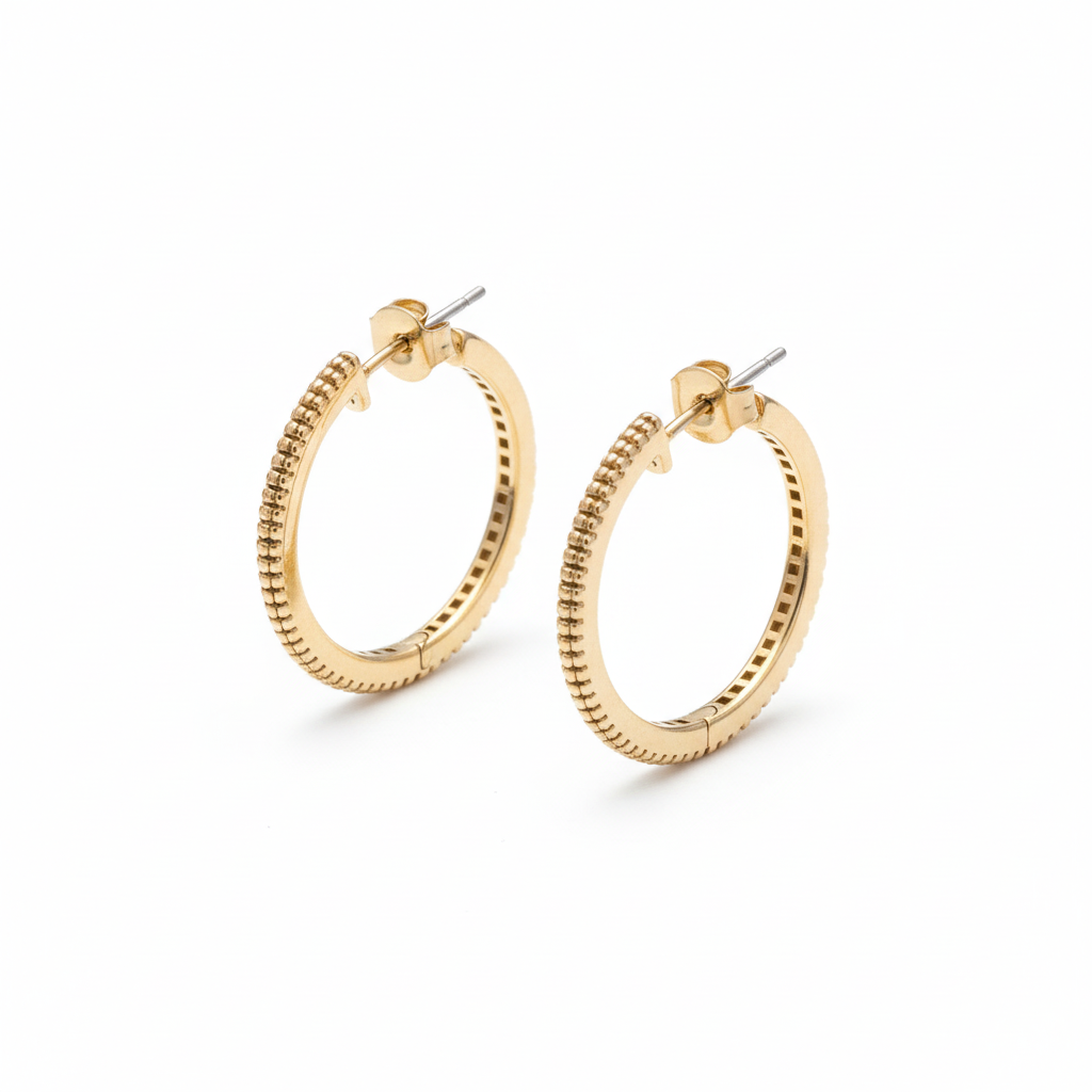 professional-gold-hoops-from-different-angle Gold Textured Hoop Earrings - Beaded Detail – Image 1
