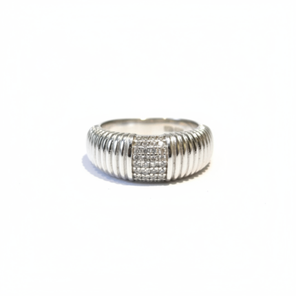 Pure Silver Ribbed Ring with Crystal Pavé