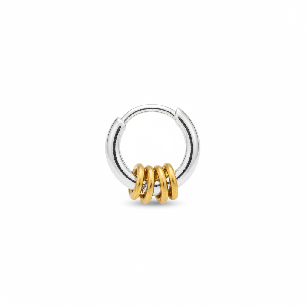 silver-gold-coil-knot-huggie-hoop-single Silver & Gold Coil Knot Huggie Hoop – Single